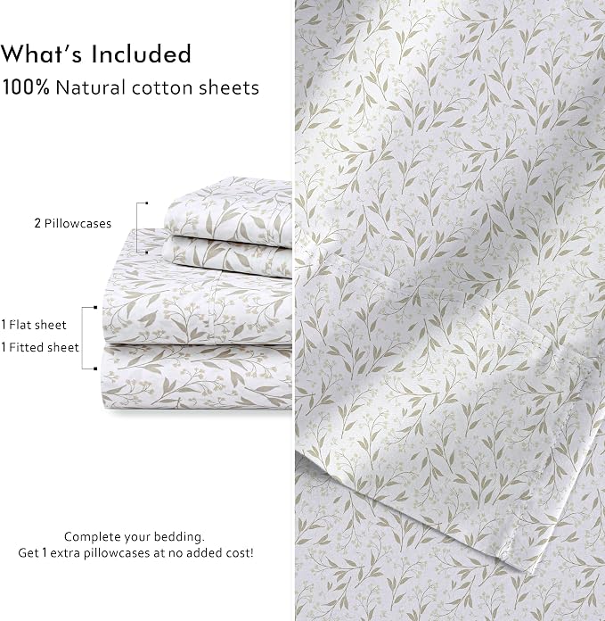 RUVANTI 100% Cotton Percale Sheets Twin XL Size 4 Piece Set, Cooling Bed Sheets for Hot Sleepers, Deep Pocket 16”, Breathable Lightweight & Durable, Crisp Hotel Style Sheets, Botanica Living