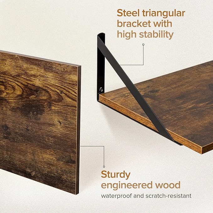Deep Floating Shelves Wall Mounted, 24"x12" Brown Wood Shelves with Brackets Set of 2 for Bedroom, Living Room, Bathroom, Kitchen, Office - Storage & Display Shelf for Decor, Books, Plants