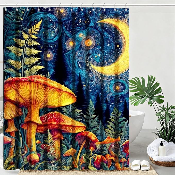 Mushroom Shower Curtain Moon Aesthetic Shower Curtains for Bathroom Waterproof Fabric Bath Curtain Decor with Hooks