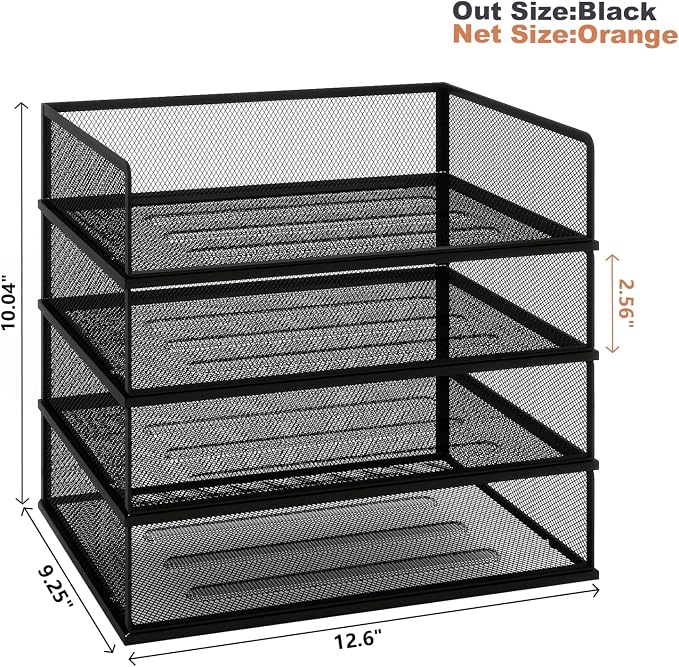Natwind 4 Tier Letter Trays, File Trays for Desk Stackable,Desktop Paper Organizers for Office Supplies, Metal Mesh File Organizer，Office Organizer，Letter Trays for Home, Office, School，Black