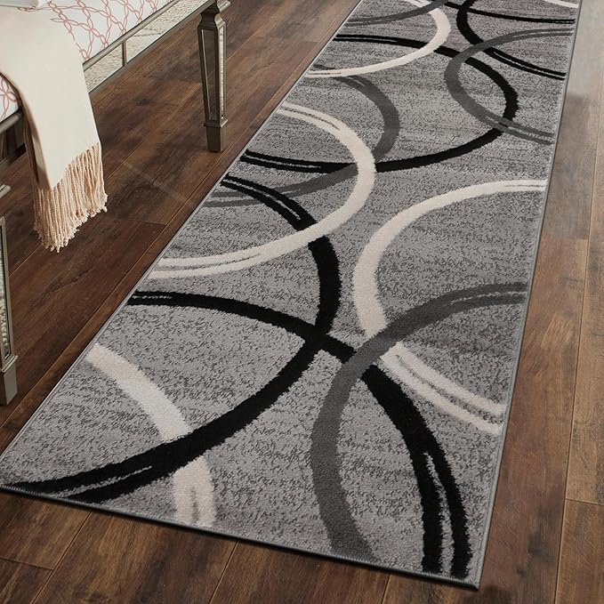Rugshop Wavy Circles Design Runner Rug, Carpet with Jute Backing for Hallway or Entryway, Gray, 2'7" x 6'