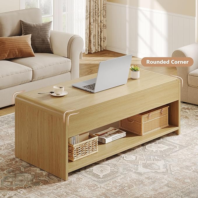 Lift Top Coffee Table, 35'' Multi-Function Coffee Table with Hidden Compartment & Open Shelf, Curved Profile Design, Converts to Home Office Table, Dining Table for Living Room, Natural