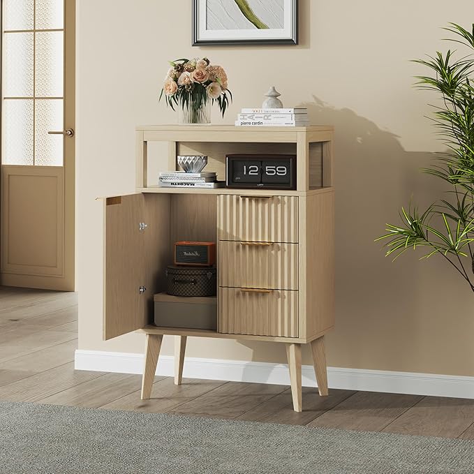 Natural Wood Bathroom Floor Cabinet with 3 Fluted Drawers & Door, Modern Storage Sideboard with Open Shelf, Coffee Bar Station for Living Room, Entryway, 23.6 x 11.8 x 34.6 Inches