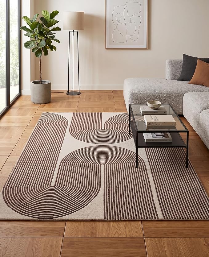 Modern Handmade Wool Area Rug, Abstract Curved Line Geometric Indoor Carpet for Living Room Bedroom, Contemporary Tufted Rug with Soft Pile and Cotton Backing (Cocoa Brown, 8' x 12')
