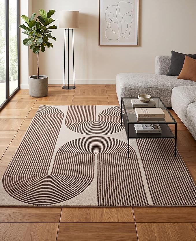 Modern Handmade Wool Area Rug, Abstract Curved Line Geometric Indoor Carpet for Living Room Bedroom, Contemporary Tufted Rug with Soft Pile and Cotton Backing (Cocoa Brown, 8' x 10')