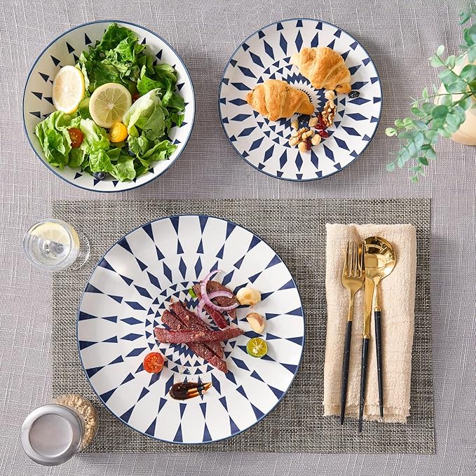 Bestone Ceramic 12-Pieces Dinnerware Sets, Ceramic Dish Plates and Bowls Sets, Dishes Set for 4, Dinner Salad Dessert Plates, and Cereal Bowls Set, Gift,Vintage Blue