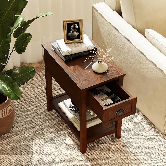 Giantex End Table with Drawer, Retro Narrow Side Table, Nightstand with Solid Wood & Stroage Shelf, Bedside Table for Living Room Bedroom Small Space Home Office (1, Walnut)