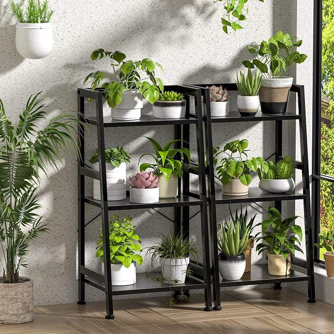 3-Tier Bookshelf, Ladder Shelf, Stand up Shelves, Industrial Bookcase with Steel Frame, Metal Small Bookcase, for Living Room, Home Office, Kitchen, Bedroom, Industrial Style（Black）
