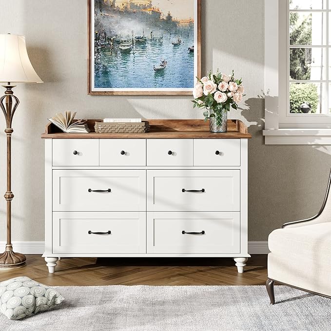 WAMPAT Off White Dresser for Bedroom with 6 Drawers, Wooden Dresser TV Stand with Wide Chest of Drawers, Mid Century Modern Closet Storage Organizer for Living Room, Hallway, Nursery