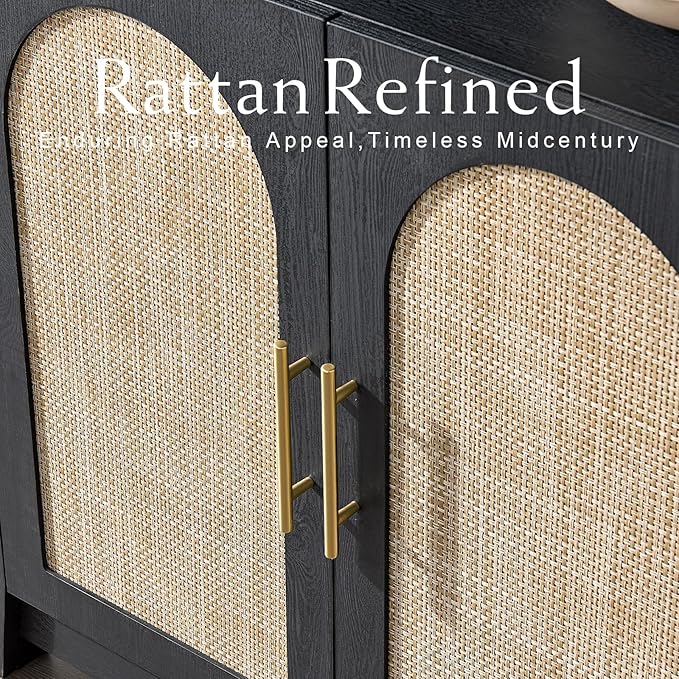 RowyPoey Rattan Arched Cabinet Bookshelf - 69.3” Tall Mid Century Display Cabinet, Rounded Bookcase with Rattan Doors, Open Shelf Storage for Dining Room (Black, 1 PC)
