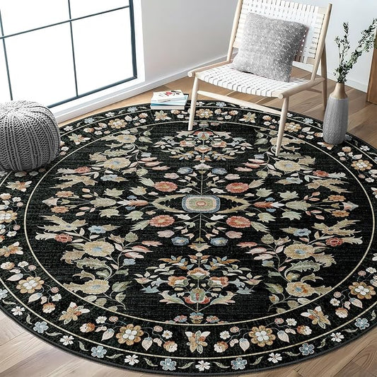 MUJOO Round Rugs 6ft,Black Circle Area Rug Washable,Circular Rugs for Living Room Bedroom,Large Boho Non Slip Throw Carpet Vintage Floral