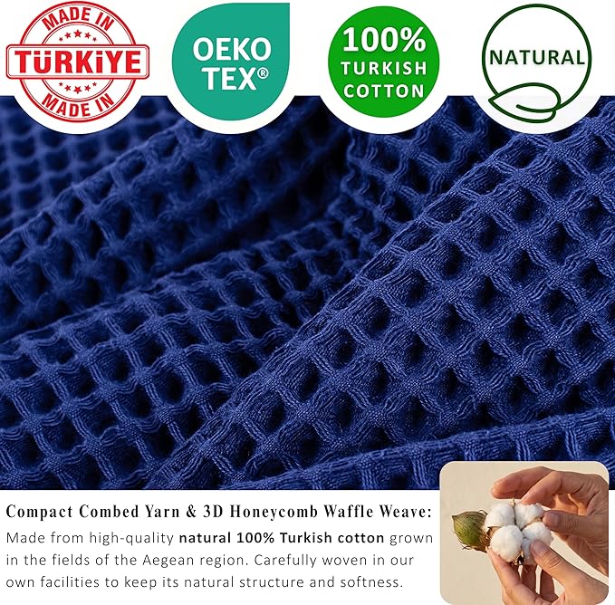 PÜSKÜL 4-Piece Natural 100% Turkish Cotton Luxury Waffle Towels for Bathroom | Premium Honeycomb Weave 2 Hand Towel & 2 Bath Towel Set | Soft Absorbent Quick-Dry Lightweight Towels (Navy Blue)