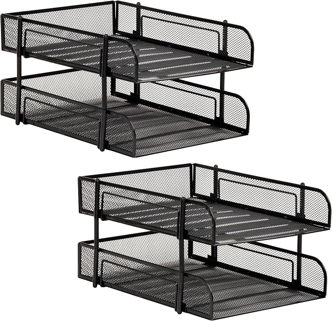 Mind Reader 2-Tier Stackable Paper Tray, Metal Mesh Desk Organizer for Files, Documents, and Mail, Office Desktop Storage, Set of 2, Black