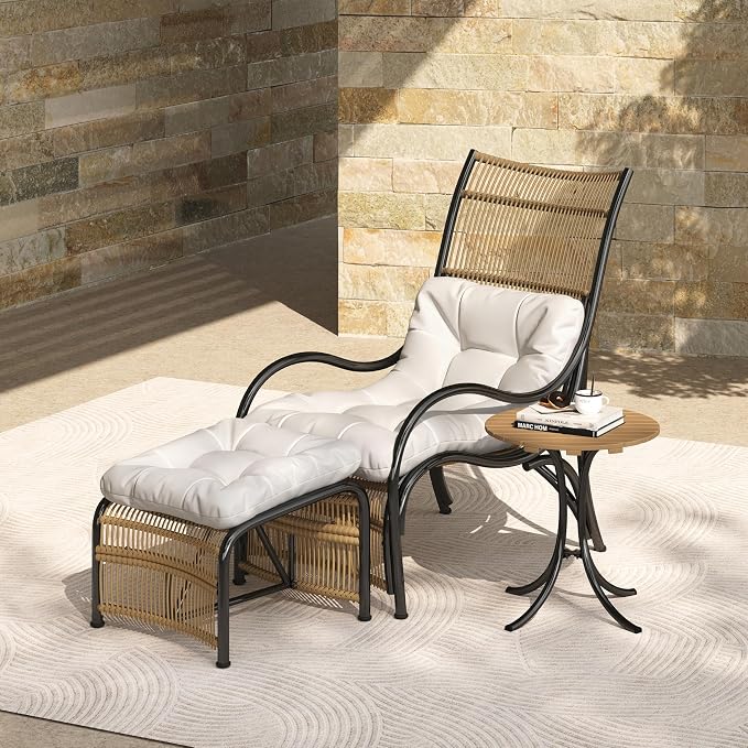Outdoor Chair with Ottoman, 3-Piece Outdoor Lounge Furniture Set - Lounge Chair, Side Table & Ottoman, Ideal for Garden, Balcony, Deck (Beige,Black+Natural)