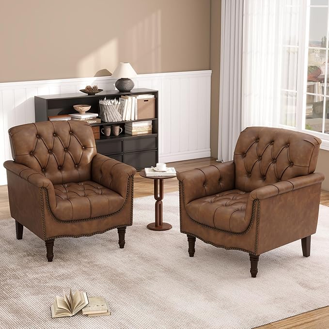 Lumibee Faux Leather Accent Chairs Set of 4, Upholstered Armchairs with Nailhead Trims & Wood Legs for Living Room, Bedroom, Contemporary Comfy Club Chairs for Office-Brown