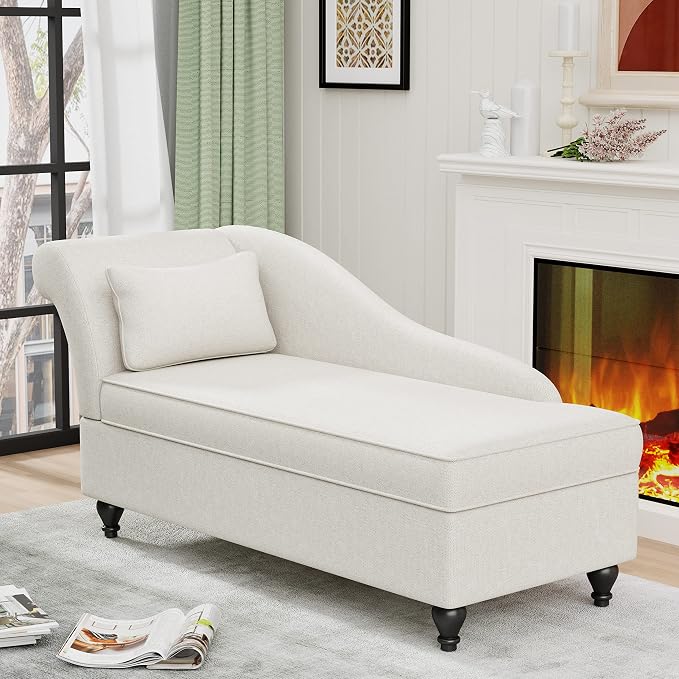 Storage Chaise Lounge Indoor, Linen Upholstered Chaise Lounge Chair with Storage for Bedroom Living Room Office Beige Fabric (Left Armrest)