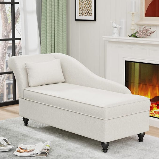Storage Chaise Lounge Indoor, Linen Upholstered Chaise Lounge Chair with Storage for Bedroom Living Room Office Beige Fabric (Left Armrest)