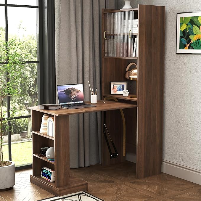 Folding Desk with Storage,Foldable Writing Desk Computer Secretary Table,Mid Century Hidden Table for Home Office Small Space with Storage (Walnut)