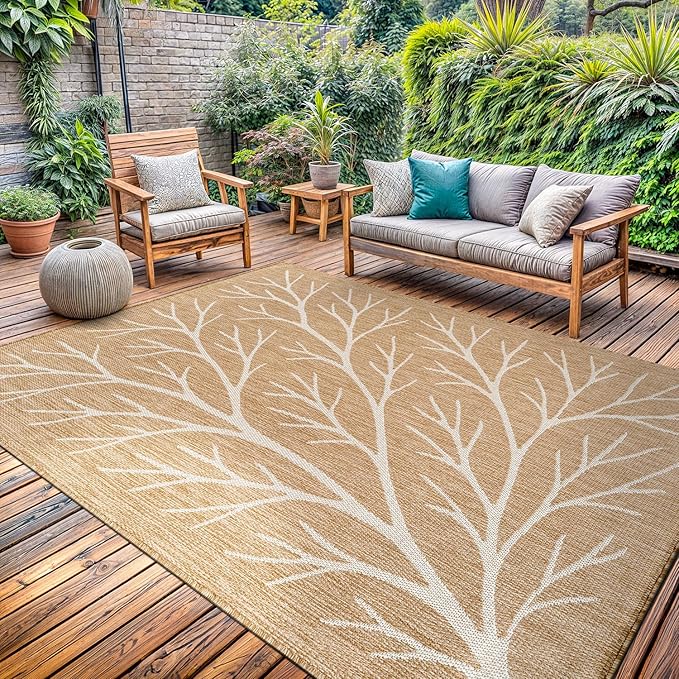 Washable Indoor Outdoor Rug 5x7 Modern Area Rugs Branch Pattern Non Shedding Waterproof Easy Clean Patio Deck Porch Living Room Bedroom Garden RV (5 X 7 Natural)