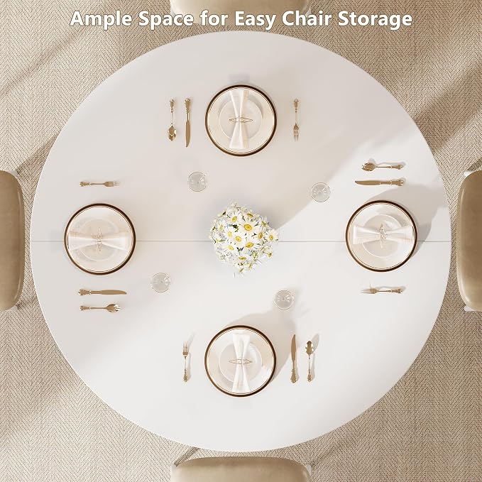 Einhomn Round Dining Table for 4-6, Kitchen Table with Sturdy Double Arc & Rounded Base & Backboard Clasp Desktop, Mid-Century Modern Circle Dinner Table for Dining Living Room, Space Saving, White
