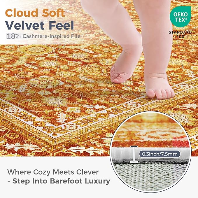 OPPODREAM Vintage Orange 2x8 Runner Rug, 2 x 8 Retro Washable Rug Non Slip, Low-Pile Faux Wool Carpet, Distressed Floor Mat for Kitchen, Hallway, Entry-Way, Entrance, Indoor Back Door