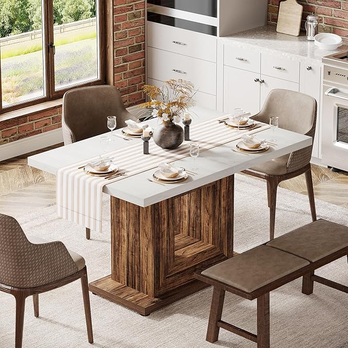 Tribesigns 47-Inch Farmhouse Dining Table for 4, White Kitchen Dinner Table with Heavy Duty Pedestal, Rustic Wooden Eating Table for Home, Dining Room, Small Space, White & Brown