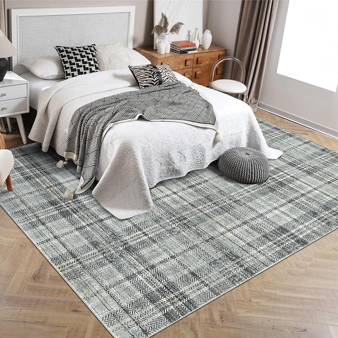 Washable Rugs 9 x 12 Rug for Living Room Soft Bedroom Rug Modern Plaid Large Area Rug Non Shedding Non Slip Throw Rugs Stain Resistant Carpet for Dining Room Nursery 9'x12' Greenish Grey