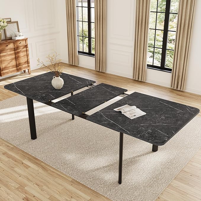 Extendable Dining Table for 6-8 People, 63 to 78.7 Inch Rectangular Table, Dark Grey MDF Kitchen Table with Sturdy Metal Legs, Space-Saving for Dining Room, Breakfast Nook, Small Spaces