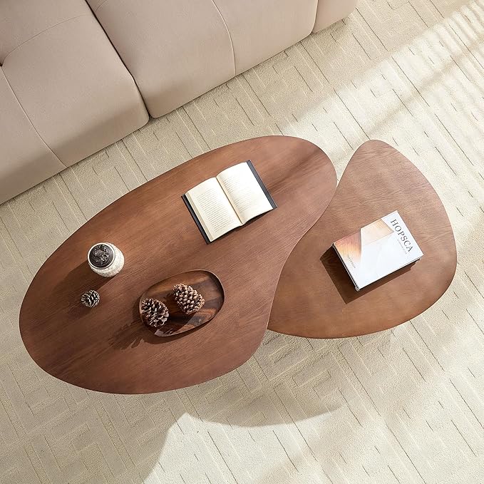 Nesting Coffee Table Set of 2, Irregular Shape Center Table 2-Piece Modern Side Table End Table for Living Room Aoartment Office, Walnut