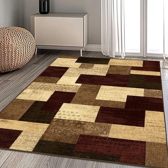 Modern Geometric Patchwork Indoor Area Rug for Living Room, Red 4x6 Large Rug Rockwood Collection Hardwood Floors Decor for Bedroom, Burgundy Throw Carpet for Office Entryway Dining Room