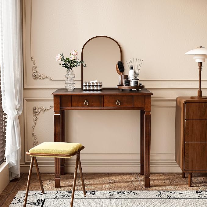 Cherry Walnut Writing Desks with Drawers, 31.5" Mid-Century Modern Computer Desk for Home Office, Secretary Desk for Living Room Study or Workspace, Easy Assembly Vanity Desk, SSZD1258