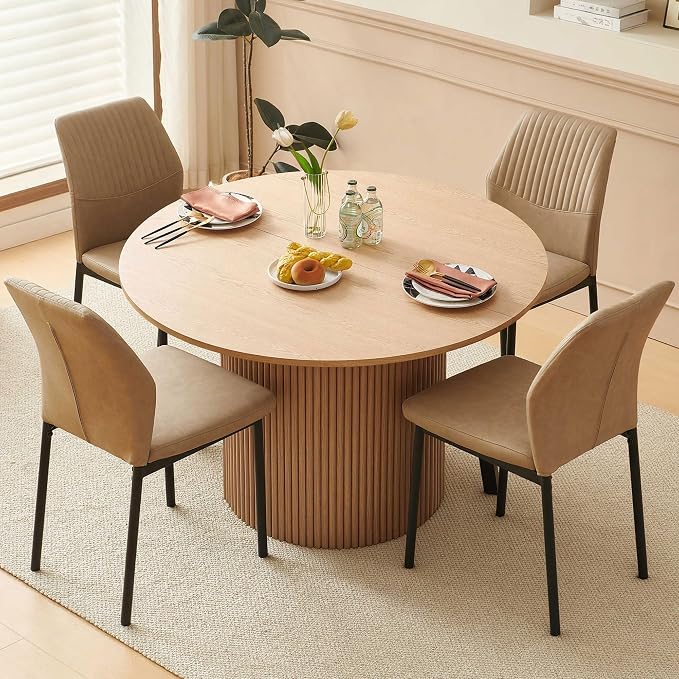 Dining Table Set for 4, 47" Wooden Round Kitchen Table with PU Leather Chairs for Kitchen Room and Small Spaces(Oak Table + 4 Beige Chairs)