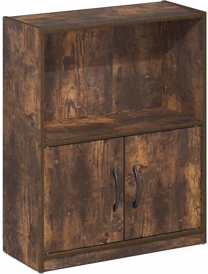 Furinno Gruen Book Shelf, 2-Tier Small Bookshelf, Bookcase with Open Shelf and Doors Storage Cabinet, 9.3 x 21.8 x 27, for Organization and Storage, for Living Room, Bedroom, Home Office, Amber Pine