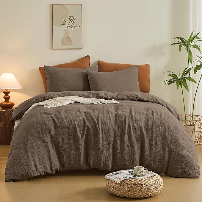 Simple&Opulence Linen Muslin Duvet Cover Set California King, 3Pcs Brown Linen Cotton 3-Layer Gauze Minimalist Comforter Cover 104”x98”, Ultra Soft Breathable Seersucker Bedding Set with 2 Pillowcases