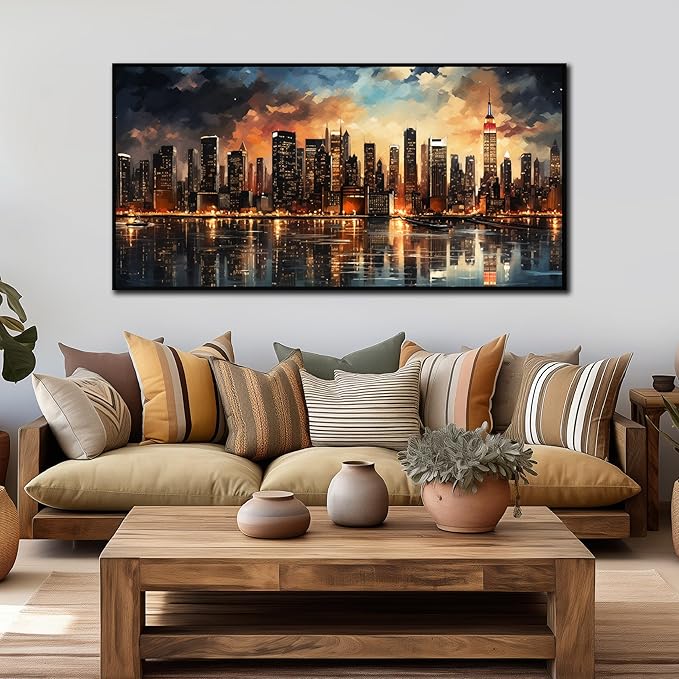New York Skyline Wall Art for Living Room Modern City Wall Decor for Office Black Framed Wall Art 29 x 58 Inch