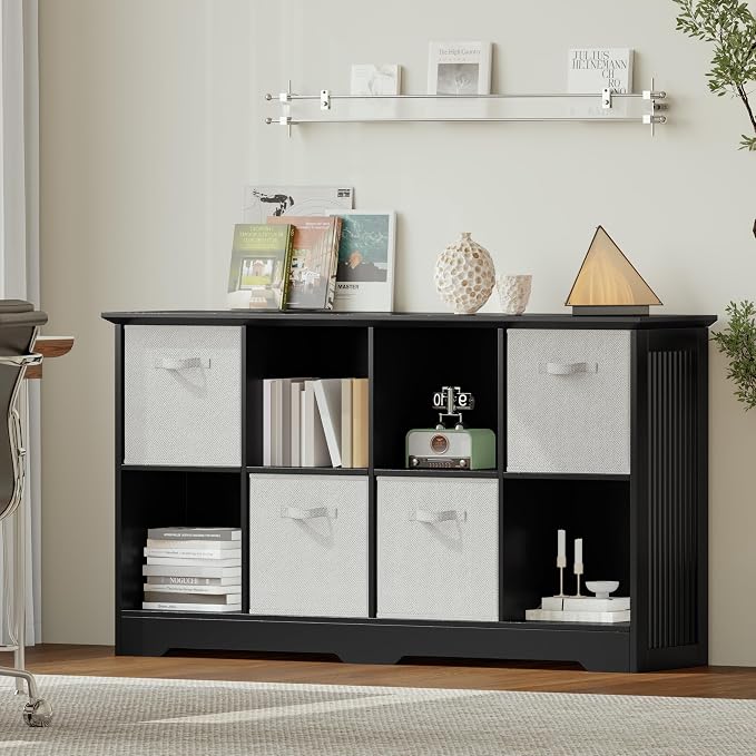 VORONOI 8 Cube Storage Organizer with 4 Fabric Drawers and Removable Shelves — Modular Cube Bookshelf for Bedroom, Living Room, or Home Office, Short Cube Bookcase for Toys, Decor,Black