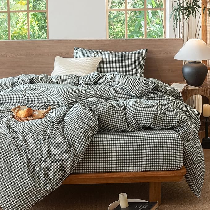 MooMee Gingham Duvet Cover Set 100% Washed Cotton Linen Like Textured Breathable Durable Soft Comfy Modern Checkered Design (Mini Gingham Forest Green, Queen 90"x90")