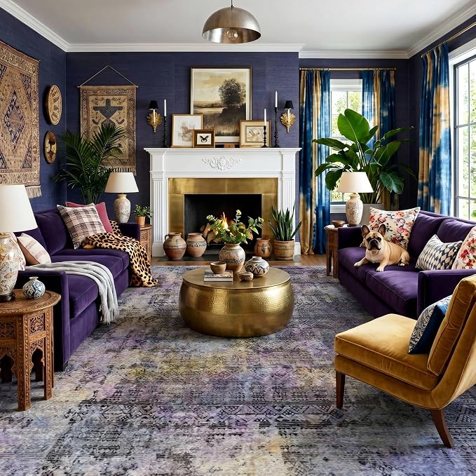 Kokia Abstract Area Rugs 10x14 Bedroom Washable Decor Low Pile Non-Slip Non-Shedding Indoor Black Purple Carpet Foldable Stain Resistant Floor Living Room Dining Room, Violet and Slate Blue