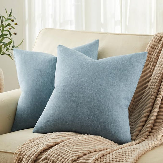ZeeMart Rustic Cotton Linen Throw Pillow Covers Set of 2, 18x18 Inch River Blue, Farmhouse Style Decorative Couch Pillow Cases Cushion Covers for Sofa Bed Living Room Home Decor