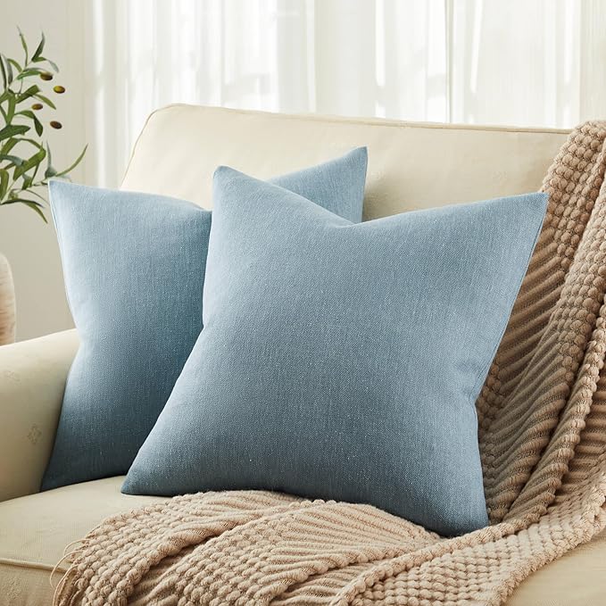 ZeeMart Rustic Cotton Linen Throw Pillow Covers Set of 2, 24x24 Inch River Blue, Farmhouse Style Decorative Couch Pillow Cases Cushion Covers for Sofa Bed Living Room Home Decor
