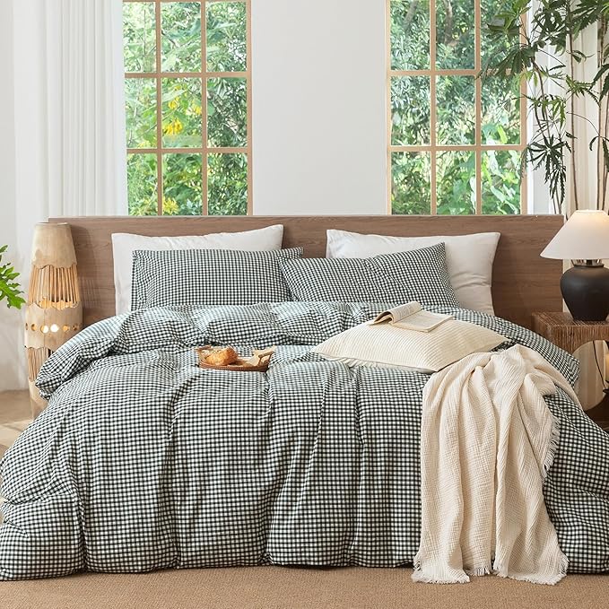 MooMee Gingham Duvet Cover Set 100% Washed Cotton Linen Like Textured Breathable Durable Soft Comfy Modern Checkered Design (Mini Gingham Forest Green, Twin 68"x90")