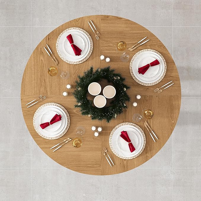 47" Round Dining Table Set for 4, Wood Grain Table and 4 Brown Suede Upholstered Chairs Set, Modern Kitchen Table Set with Cross Legs