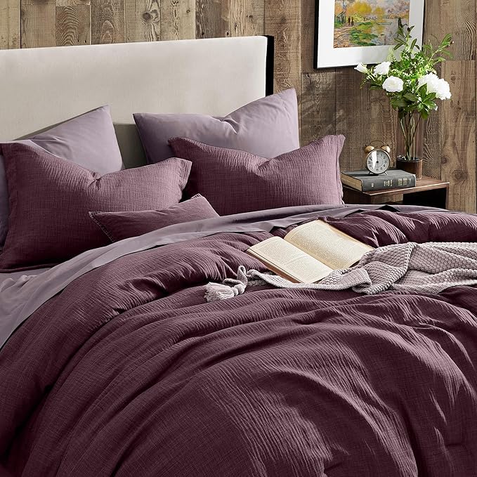 Geniospin Purple Queen Comforter Set - 7 Pieces Egglant Comforter Queen Size, Solid Bedding Set for All Season, Textured Bed in a Bag with Sheets