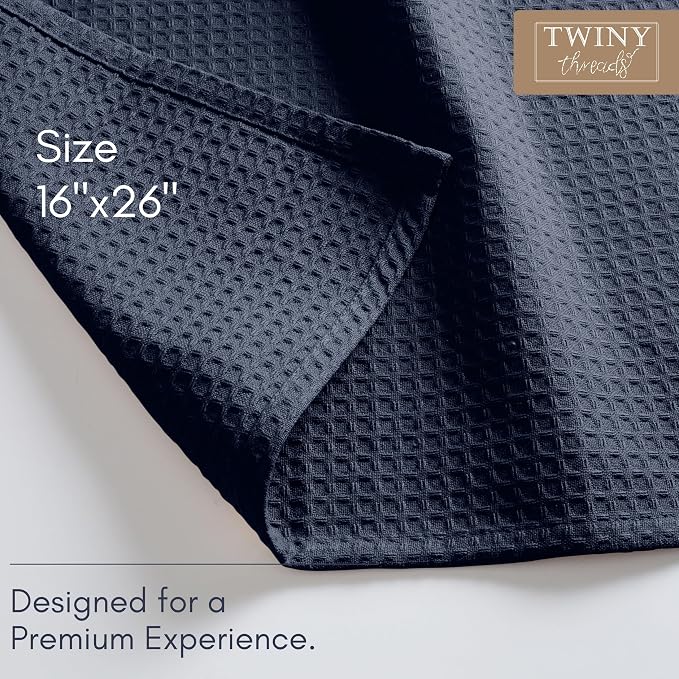 TWINY threads 100% Cotton Kitchen Towels (Set of 12) - Ultra Absorbent Waffle Weave Dish Towels with Hanging Loop - Quick Dry, Tea & Bar Towels for Cooking, Quick Drying - 16x26 Inch, Navy Blue