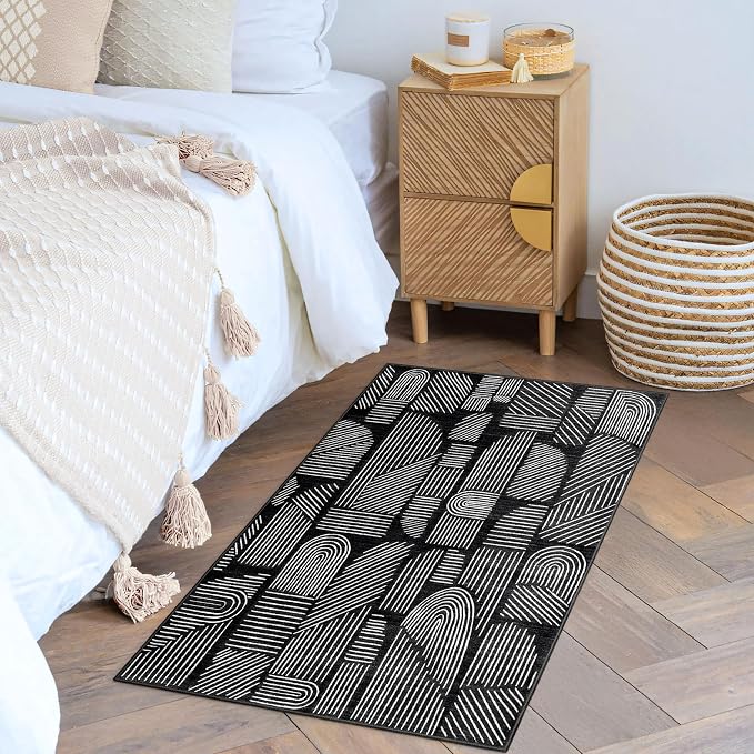 MUJOO 2x3 Washable Rug,Mid Century Modern Abstract Non Slip Low Pile Small Area Rug,Black and White Rug for Entryway Bathroom Kitchen Bedroom
