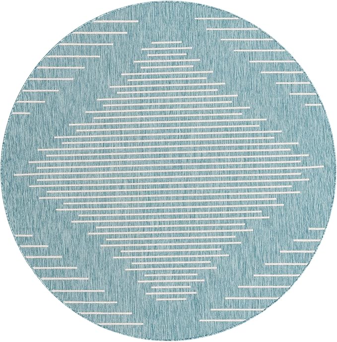Rugs.com Outdoor Modern Collection Rug – 6' Round Light Aqua Flatweave Rug Perfect for Kitchens, Dining Rooms