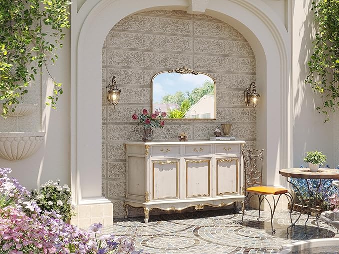 Arched Antique Gold Wall Mirror, 32"x24" Large Vintage Gold Bathroom Wall Mirror Over Sink, Ornate Arch Bronze Mirror for Fireplace, Entryway, Bedroom Over Vantiy, Haning or Leaning