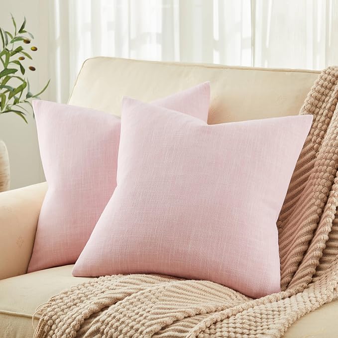 ZeeMart Rustic Cotton Linen Throw Pillow Covers Set of 2, 24x24 Inch Pink, Farmhouse Style Decorative Couch Pillow Cases Cushion Covers for Sofa Bed Living Room Home Decor