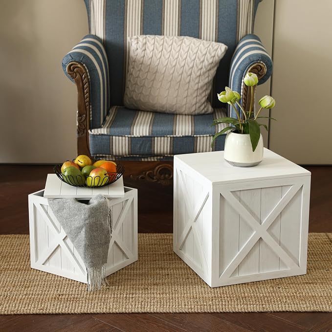 COLLECTIVE HOME - Wood Storage Ottoman, Rustic Storage Stool, 2 Pack Cube Seat Foot Rest Stool, Accent Side Table, Metal Storage Bin for Living Room Furniture, 16"/12" (White, barn Door)
