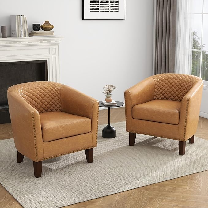 UIXE Faux Leather Barrel Accent Chair, Living Room Club Arm Chairs Modern Round Armchair Comfy Upholstered Single Sofa Reading Seat, Coffee/Light Brown